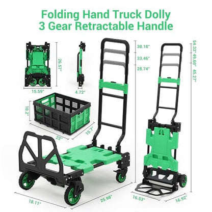 GarveeHome 2-in-1 Folding Hand Truck with Foldable Basket, 330 LB Dolly Cart with 2 Bungee Rope, Convertible Folding Hand Cart with 4 Wheels and Retractable Handle for Luggage, Travel, Moving, Office