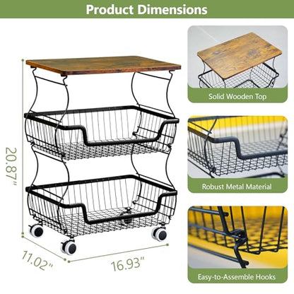 Pantry Floor Organizeron with Wheels, 3 Tier Rolling Fruit Vegetable Basket for Kitchen Stackable Wire Basket Stand for Home Removable Metal Vegetable Rack Wire Snack Cart