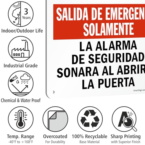 SmartSign "Emergency Exit Only - Security Alarm Will Sound If Door Is Opened" Bilingual Sign | 10" x 14" Plastic