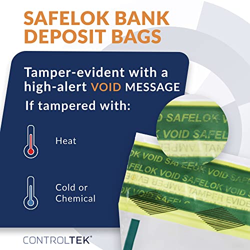ControlTek SafeLok 12" x 16", Clear, Case of 500, Tamper-Evident Deposit Bags, Cash Currency Handling & Valuables, Moisture, Heat, Cold Detection, Tear-off Receipt + Large Barcodes 585093