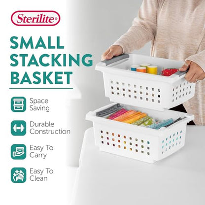 Sterilite Small Stacking Basket Plastic Storage Organizer, White, 4-Pack - size: 4 Pack, style: Small