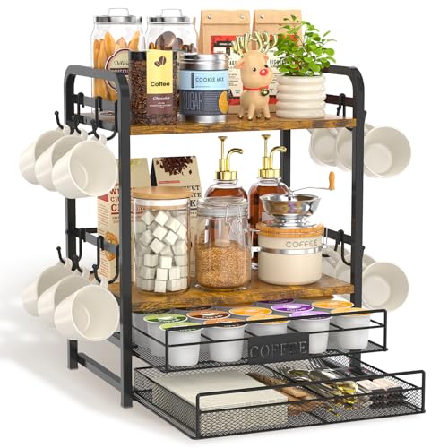 EsLuker.ly Coffee Bar Organizer Station Shelf Mug Holder for Countertop - color: Black+Brown+Brown