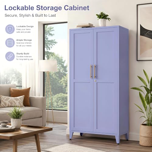 61" Tall Purple Lockable Metal Storage Cabinet, Farmhouse Pantry Cabinet with 2 Square-Pattern Doors & 3 Adjustable Shelves, Freestanding Cupboard with Legs for Home, Office, Laundry, Entryway - color: Lilac, style: Cabinet-61"H-DL