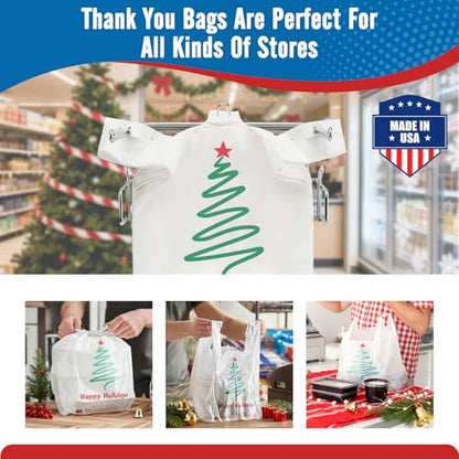 Fuxury 1000 Count Happy Holiday Christmas Tree Plastic Bags with Handles - color: White-Green, size: 1000 Count