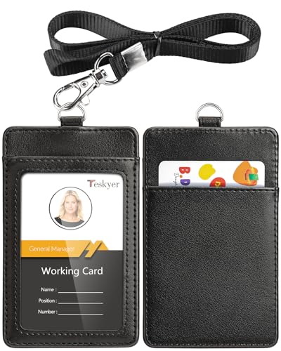 Teskyer Leather ID Badge Holder with Lanyard, Vertical Black - color: Black, size: Vertical
