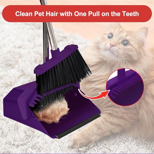 Broom and Dustpan Set for Home, 51" Long Handle Standing Dustpan Purple - color: Purple