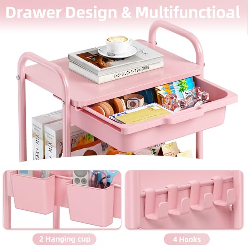 KINGRACK 3 Tier Metal Rolling Cart with Drawer, Pink Utility Storage Cart - color: Pink