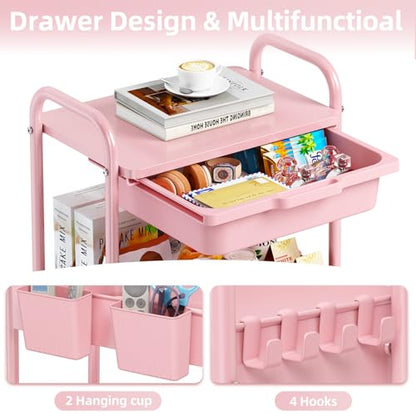 KINGRACK 3 Tier Metal Rolling Cart with Drawer, Pink Utility Storage Cart - color: Pink