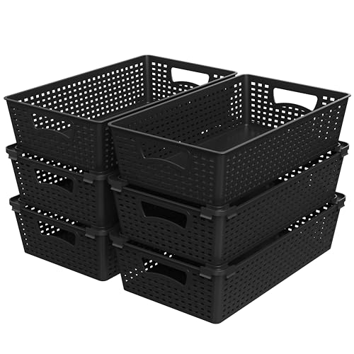 Simple Houseware Stackable Plastic Woven Basket Organizer, 6 Pack, Black - color: Black, size: 6 Pack
