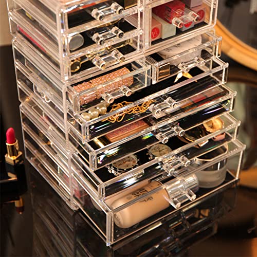 Cq acrylic 4 Pack Clear Makeup Organizer Countertop,Stackable 11 Drawers Skincare Organizer,Cute Skin Care Organizer for Vanity Hair Clip,Jewelry,Beauty Product Desk and Make Up Organizers for Vanity - size: 11 Drawers