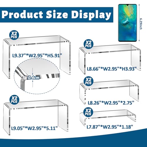 10 Pcs 2 Set Acrylic Risers 5 Sizes(7" L~9" L) Riser Display Shelf Cupcake Stand Display Cabinet Clear Rectangular Display Stands Set for Figures, Jewelry, Perfume, Dessert Table Display