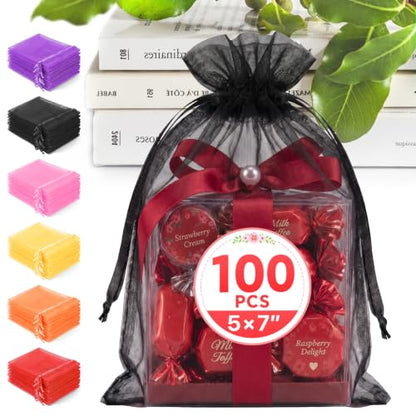 ANZNKU 100PCS Organza Bags 5x7 Black Small Gift Mesh Drawstring Goodie Bags - color: Black
