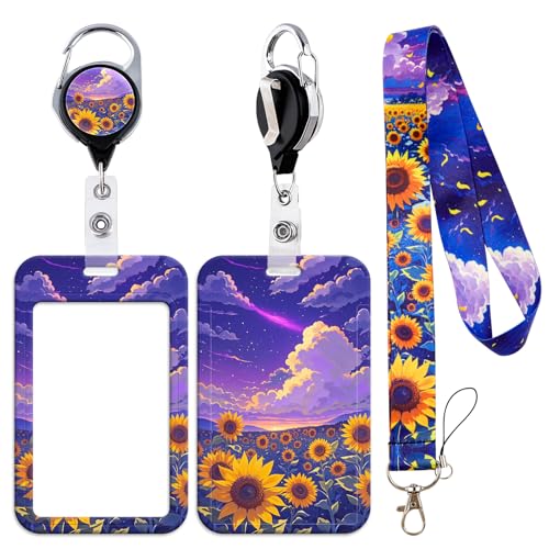 Sunflower Lanyard with Retractable Reel Clip & Badge Holder for Cards IDs Lanyard for Keys Name Badge Holder for Women Teen Girls Office School Teacher - color: Sunflower