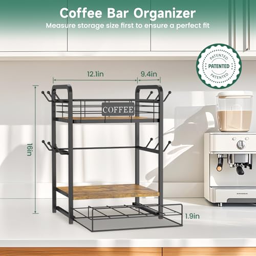 EsLuker.ly Coffee Bar Organizer Station Shelf Mug Holder, with 12 Hooks - color: Wood Brown+Black