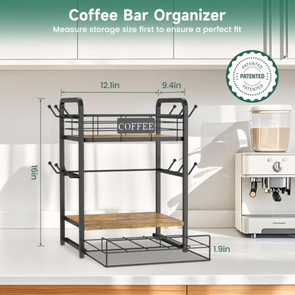 EsLuker.ly Coffee Bar Organizer Station Shelf Mug Holder, with 12 Hooks - color: Wood Brown+Black