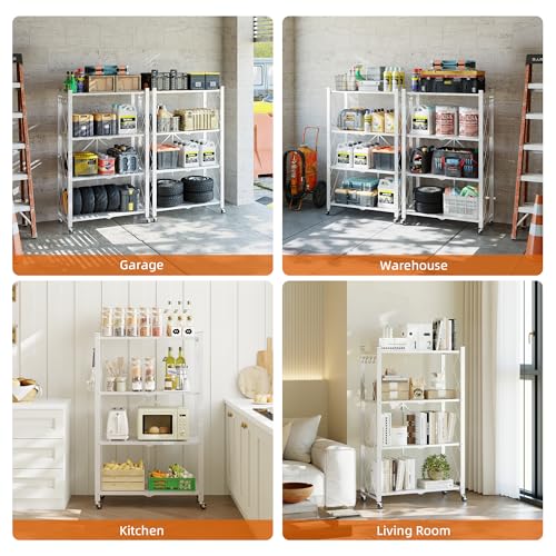 Fenbeli 4-Tier Folding Metal Storage Shelves with Wheels, 600 lb Capacity - color: White, size: 4 Tier