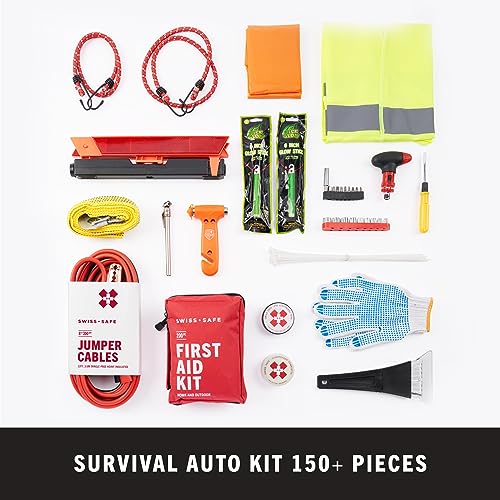 Swiss Safe 233-Pcs Car First Aid Kit Essentials, Jumper Cables & Mini Kit