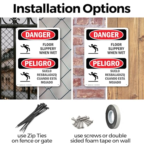 (2 Pack) Floor Slippery When Wet Bilingual OSHA Danger Sign 7 Inch X 10 Inch Plastic Sign, Weather Resistant, UV Protected for Workplace, Business, and Construction Site, Made in the USA