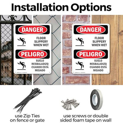 (2 Pack) Floor Slippery When Wet Bilingual OSHA Danger Sign 7 Inch X 10 Inch Plastic Sign, Weather Resistant, UV Protected for Workplace, Business, and Construction Site, Made in the USA