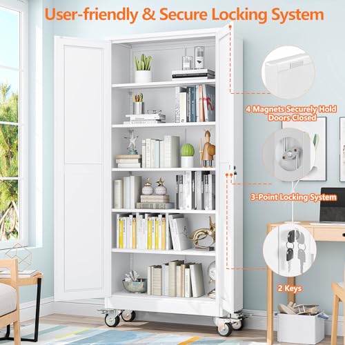pozdeg 75" White Lockable Rolling Metal Garage Storage Cabinet - color: White, size: 15.75"D x 31.5"W x 75"H