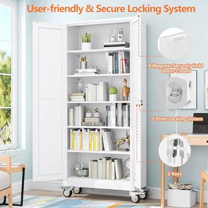 pozdeg 75" White Lockable Rolling Metal Garage Storage Cabinet - color: White, size: 15.75"D x 31.5"W x 75"H