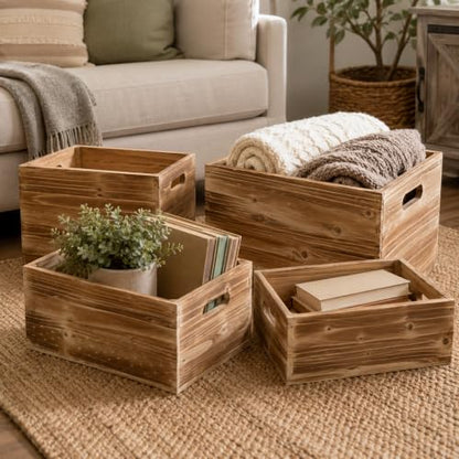 Oojami 4 Pack DIY Wood Crates with Handles, Weathered Natural Brown - color: Weathered Natural Brown