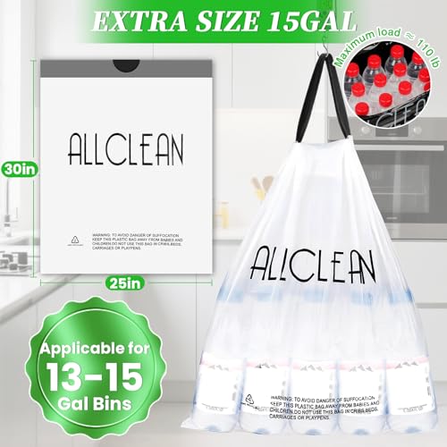 Trash Bags 15 Gallon Tall Kitchen Drawstring Garbage Bag Fit 13-15 Gal Bins