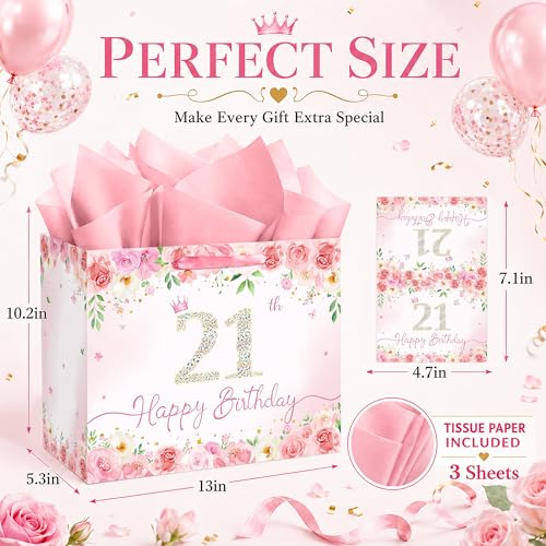 QISOLIY Pink Floral 21st Birthday Gift Bag for Women, Large Happy 21st Birthday Gift Bag with Tissue Paper and Greeting Card Included, Elegant Birthday Present Bag for Daughter, Sister, Best Friend and Her - color: 21th