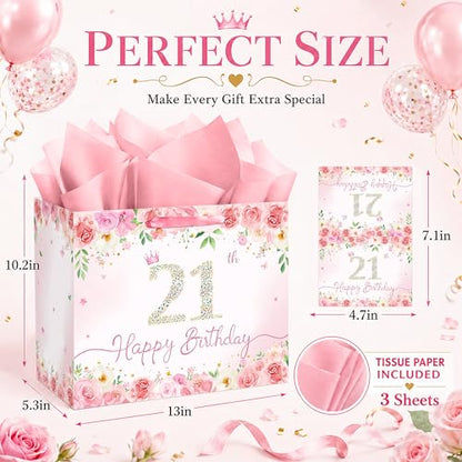 QISOLIY Pink Floral 21st Birthday Gift Bag for Women, Large Happy 21st Birthday Gift Bag with Tissue Paper and Greeting Card Included, Elegant Birthday Present Bag for Daughter, Sister, Best Friend and Her - color: 21th