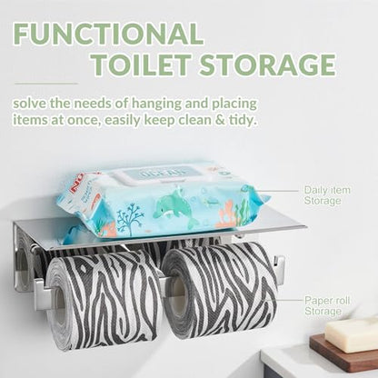 APLusee Double Toilet Paper Holder with Storage Shelf, Polished Chrome - color: Polished Chrome, size: Double Rod