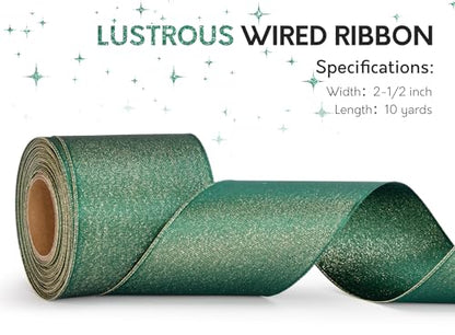 Keypan Green Satin Ribbon Wired Gold Glitter 2-1/2 Inch x 10 Yards - color: Glitter Green, size: 2-1/2"