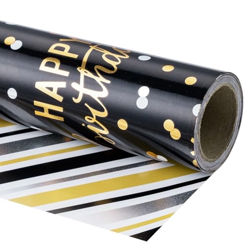 LeZakaa Reversible Black Birthday Wrapping Paper Roll for Boys Men, Happy Birthday Lettering & Stripe Pattern with Metallic Gold Foil in Black, Mini Roll, 17 inches x 32.8 Feet (46.45 sq.ft.) - color: Birthday - Gold Black, size: 17" X 32.8 ft