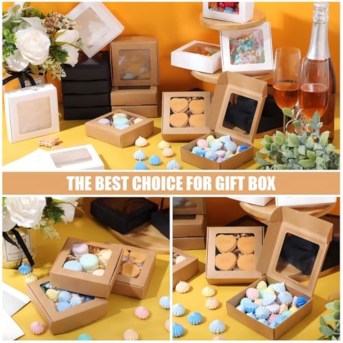 Zonon 30 Pcs Kraft Paper Boxes with Window 4.13 x 4.13 x 1.18inch (3 Color) - color: Brown, Black, White