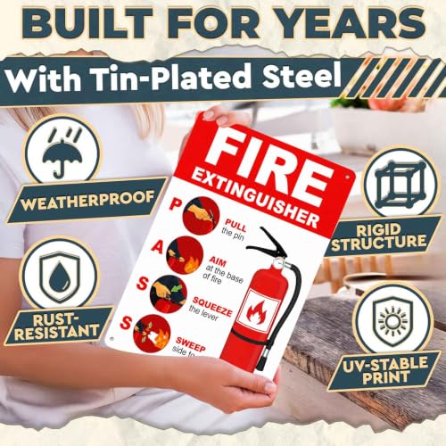 Fire Extinguisher Use Instructions PASS Technique Metal Sign, 8X12 Inch, Aluminum, Safety Instruction Wall Decor for Home, Office, Workshop, Public Buildings