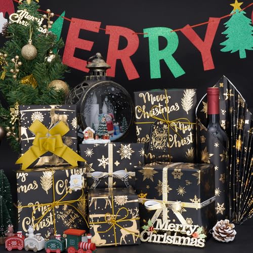 Larcencie Christmas Gift Wrapping Paper Roll w/Gift Bow Sticker, 3 Rolls 17" x 118" Each, Metallic Black and Gold Holiday Wrapping Paper, Snowflake Reindeer Design for Xmas, Winter, Nightmare New Year - color: Black And Gold