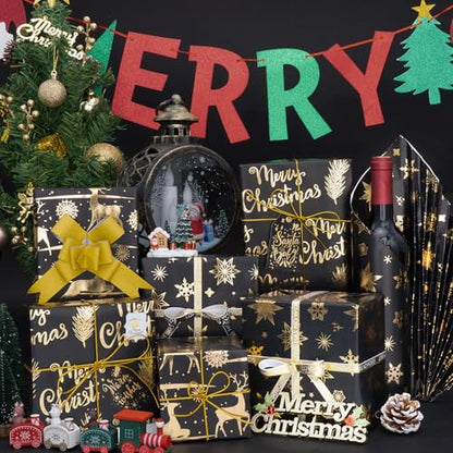 Larcencie Christmas Gift Wrapping Paper Roll w/Gift Bow Sticker, 3 Rolls 17" x 118" Each, Metallic Black and Gold Holiday Wrapping Paper, Snowflake Reindeer Design for Xmas, Winter, Nightmare New Year - color: Black And Gold