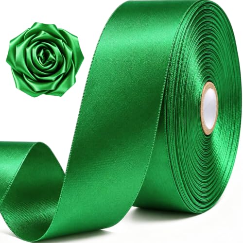 1-1/2 Inch Green Satin Ribbon 50 Yards Single Face Polyester - color: Green, size: 1-1/2 inch