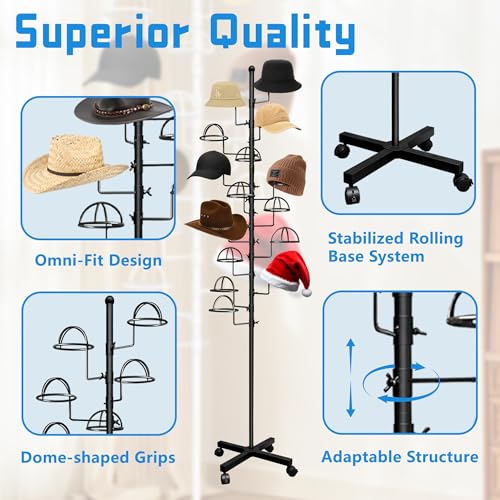 Montex Freestanding Hat Rack Stand, Wig Display Stand, Metal Hat Organizer Rack with 14 Customisable Circular Hooks, Hats Tree Stand Floor Standing Hat Display, Black - color: Black