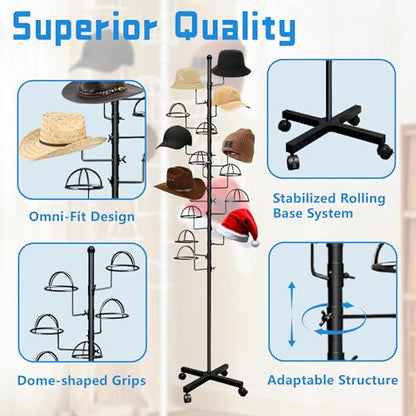 Montex Freestanding Hat Rack Stand, Wig Display Stand, Metal Hat Organizer Rack with 14 Customisable Circular Hooks, Hats Tree Stand Floor Standing Hat Display, Black - color: Black