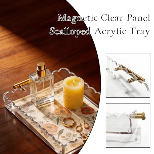 Scalloped Tray, Acrylic Tray with Insert — 12.60 × 7.87 × 1.97 Inches with Magnetic Pad and Handles, Durable Acrylic Organizer for Vanity, Bathroom, Kitchen Countertop & Coffee Table