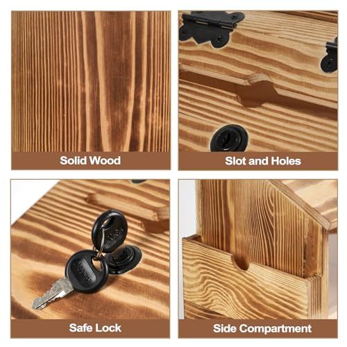 Wooden Suggestion Box with Slot and Lock,Torched Donation Box - color: Torched Brown