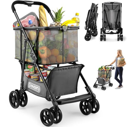 Folding Shopping Cart for Groceries, 80lbs Collapsible Stroller Cart