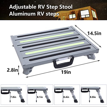 Large Aluminum RV Step Stool, Adjustable Platform, Glow Tape - color: Gray Large