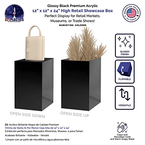 12" x 12" x 24" Acrylic Cube / Display 5 Sided Box Black - color: Glossy Black, size: 12"w x 12"d x 24"h