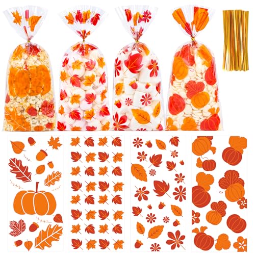 100Pcs Fall Thanksgiving Cellophane Treat Bags - 5 x 11 Inch Clear Fall Goodie Bags with Gold Ties for Cookies, Snacks, Party Favors & Gift Packaging, 2.8 Mil Thick Plastic Autumn Candy Bag for Kids - color: Fall 100pcs