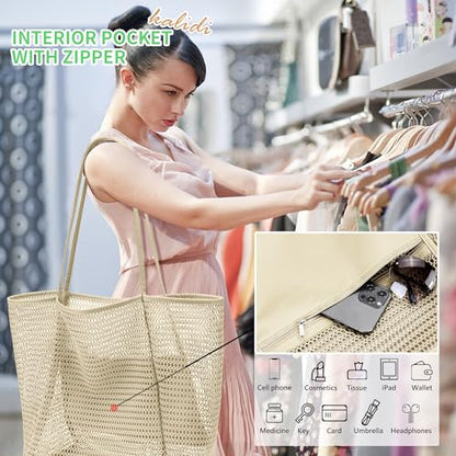 KALIDI Beach Mesh Tote Bag, Casual MAX 23L Summer Foldable Hobo Bag Women - color: Grass Beige