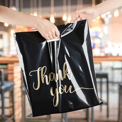100 Pack Thank You Bags for Small Business, 8 x 12 Inch Plastic Shopping Bags with Handles (BLACK, 18" X 14") - color: BLACK