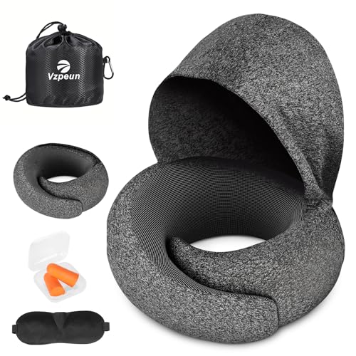 Travel Pillow - Hooded Neck Pillow Airplane Memory Foam Filling - color: Dark Gray