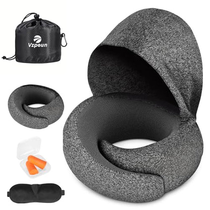 Travel Pillow - Hooded Neck Pillow Airplane Memory Foam Filling - color: Dark Gray