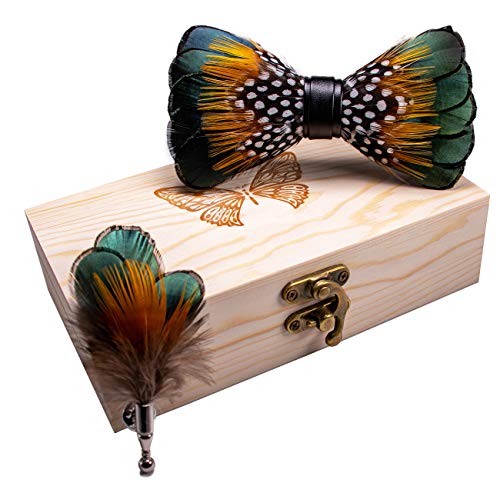 RBOCOTT Handmade Feather Pre-tied Bow tie and Brooch Sets for Men - color: Green/Yellow/White